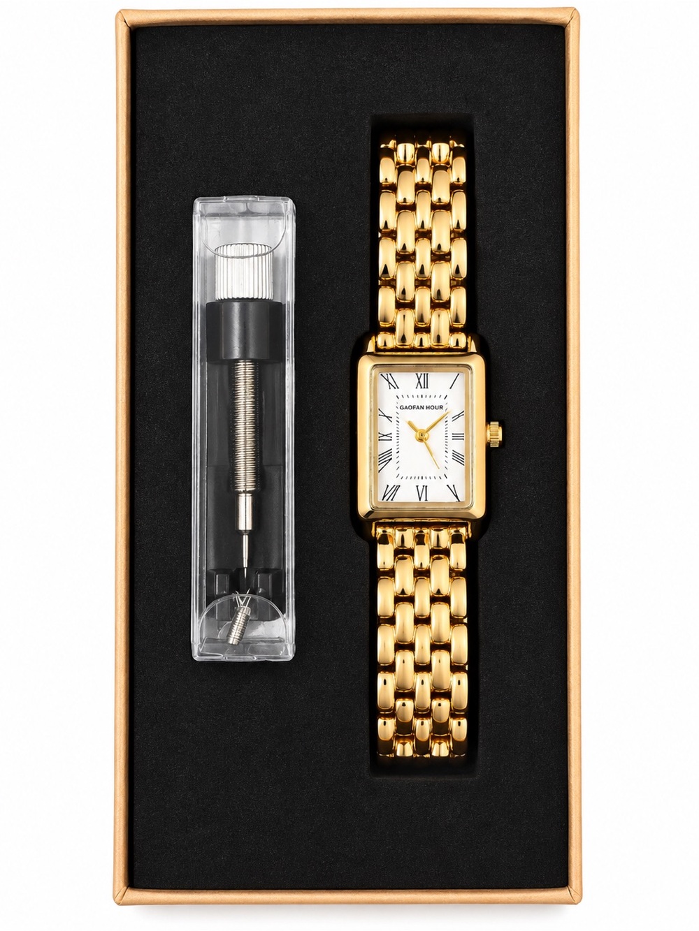 New Gold Tone Rectangular Bracelet Watch - Brand: Gaofan Hour